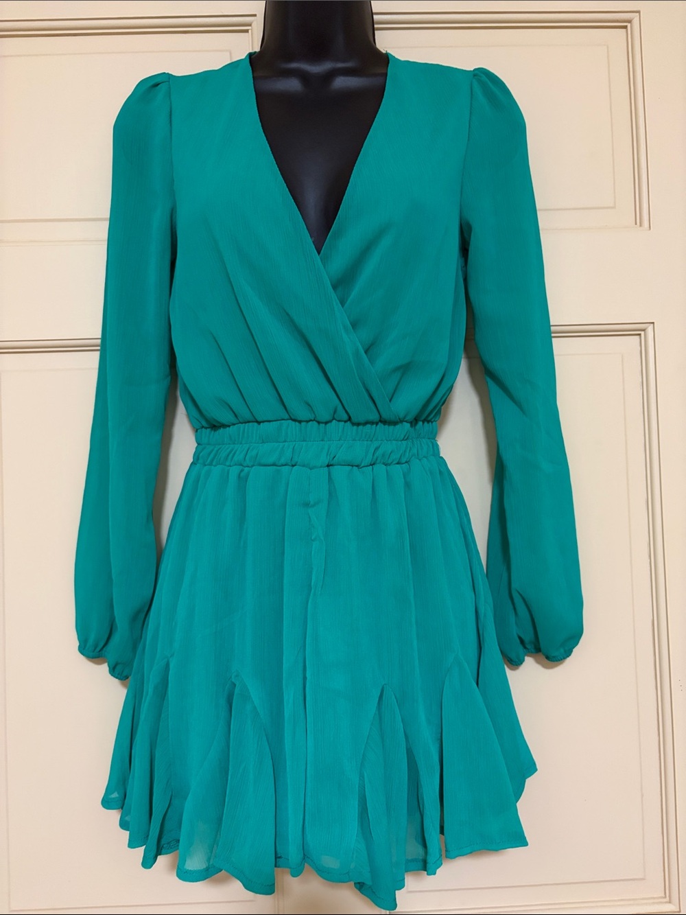 Kelly Green Long-Sleeve V-Neck Surplice Skort Romper
